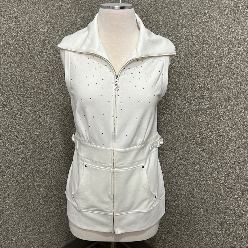 Christine Alexander Embellished White Stretch Jersey Collared Vest size small